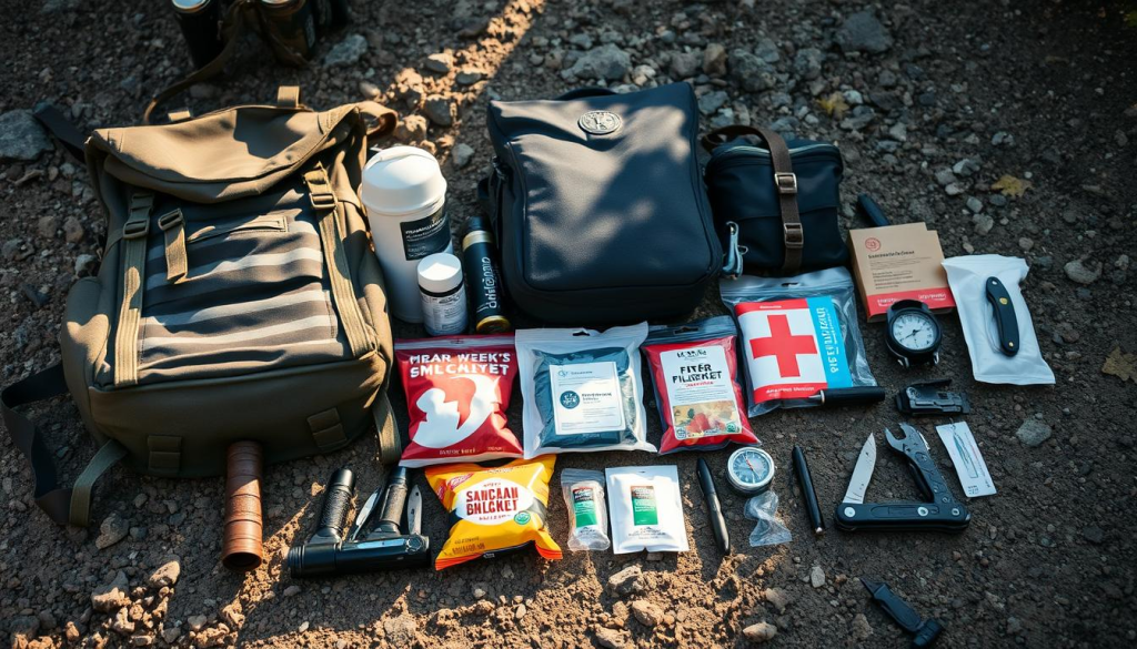 A well-organized array of essential survival gear lays on a rugged, textured surface, illuminated by a warm, natural light. In the foreground, a sturdy backpack, compact tactical flashlight, multi-tool, and high-energy snacks stand ready. In the middle ground, a water filtration system, emergency blanket, and first-aid kit add critical functionality. In the background, a compass, fire-starting kit, and folding knife complete the carefully curated collection of "bug out bag" essentials, conveying a sense of preparedness and self-reliance.