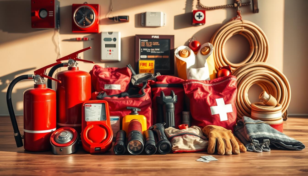A well-organized array of fire safety equipment arranged on a clean, wooden surface. In the foreground, a red fire extinguisher, a smoke detector, and a fire blanket are positioned neatly. In the middle ground, emergency flashlights, a first-aid kit, and a set of fire-resistant gloves are displayed. The background showcases a fire alarm panel and a coil of fire hose, all bathed in warm, natural lighting that casts subtle shadows, creating a sense of depth and professionalism. The composition conveys a comprehensive collection of essential fire safety supplies, ready for any emergency.