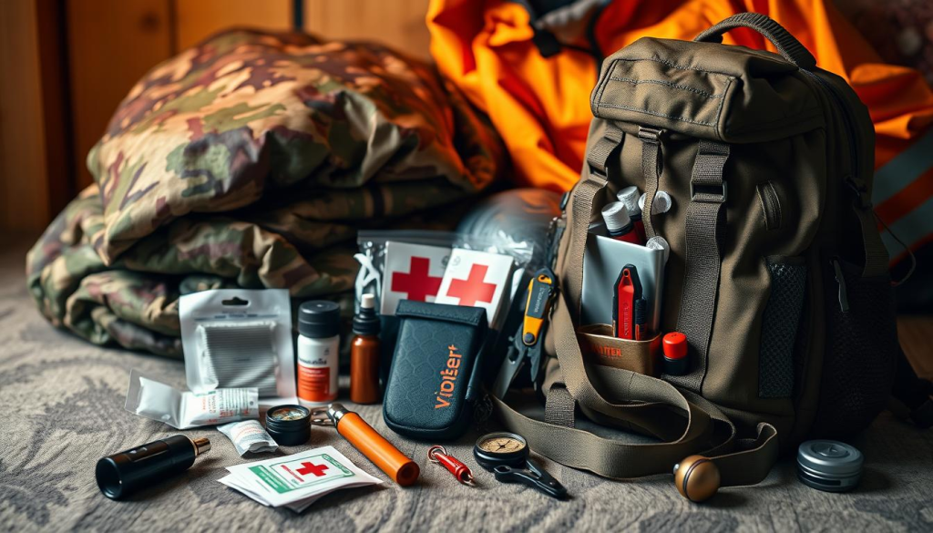A well-organized array of women's essential survival tools, illuminated by warm, soft lighting. In the foreground, a sturdy backpack packed with emergency supplies - bandages, flashlight, fire starter, multi-tool. In the middle ground, a compact first-aid kit, a survival whistle, and a compass. The background features a camouflage-patterned survival blanket and a high-visibility rain poncho. The overall atmosphere evokes a sense of preparedness and self-reliance, perfect for a "Bug Out Bag Safety and Security Features" illustration.