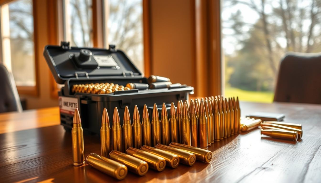 A well-organized bug out bag ammunition supplies, displayed on a wooden table under warm, natural lighting. In the foreground, various caliber cartridges are neatly arranged, showcasing their brass casings and bullet tips. In the middle ground, a compact yet sturdy ammo box stands open, revealing additional rounds and a speedloader. In the background, an outdoor scene is visible through a window, with trees swaying gently in the breeze, setting a calming, preparedness-focused atmosphere.