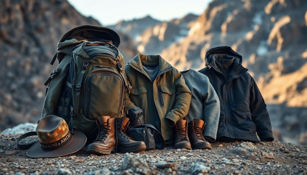 A well-organized bug out bag, containing essential clothing and personal items, sits against a rugged, outdoor backdrop. In the foreground, a tactical backpack, camping hat, and sturdy boots are arranged neatly. The middle ground features a warm, insulated jacket, moisture-wicking base layers, and a weatherproof shell. In the background, a rocky, mountainous landscape is illuminated by soft, natural lighting, conveying a sense of preparedness and self-reliance. The overall scene reflects the practical, no-frills aesthetic of a well-curated bug out bag, ready to handle any unexpected situation.