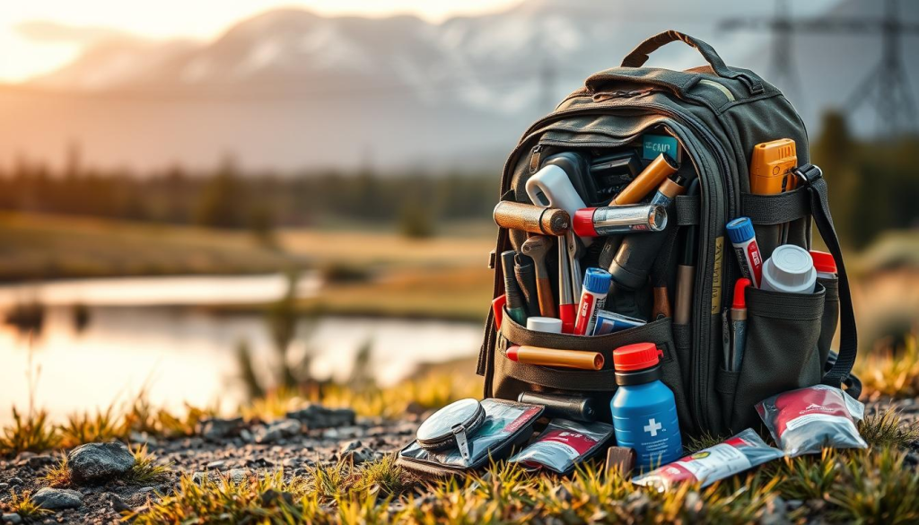 A well-organized bug out bag displayed prominently in the foreground, packed with essential survival gear and emergency supplies. The bag's contents are visible, showcasing a variety of tools, first-aid kits, water filters, and other crucial items for disaster preparedness. The middle ground features a serene, natural landscape, suggesting the bag's usefulness in outdoor scenarios. The background subtly illuminates the bag's benefits, with images of natural disasters, emergency situations, and the importance of being ready for the unexpected. Soft, warm lighting enhances the sense of security and preparedness conveyed by the bug out bag. The overall mood is one of confidence and peace of mind in the face of potential challenges.