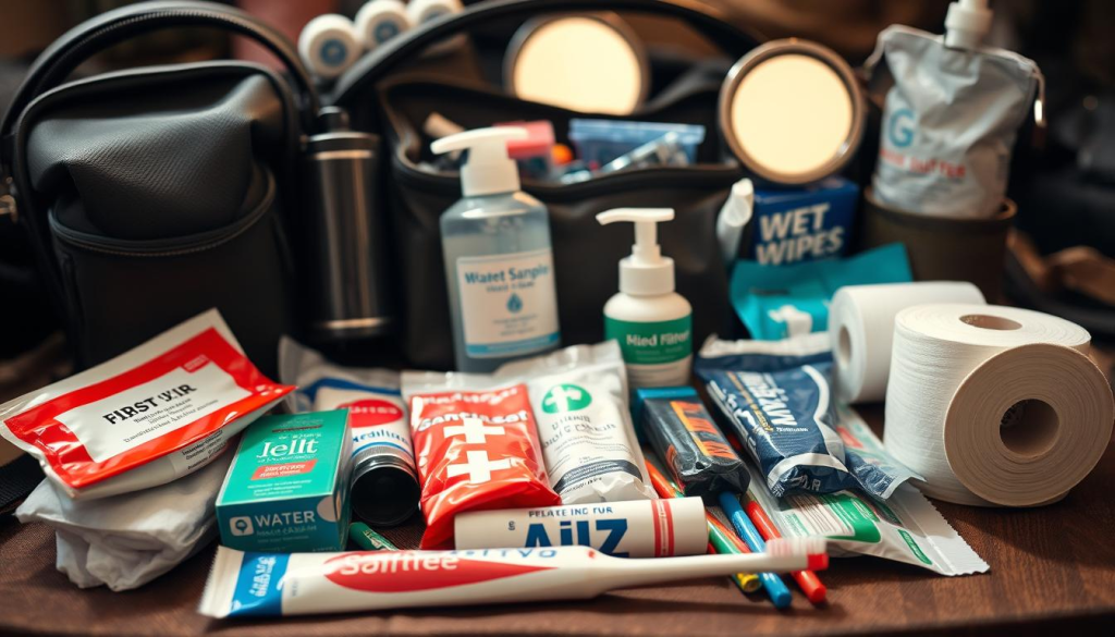 A well-organized bug out bag filled with essential hygiene supplies. In the foreground, an array of toiletries including soap, toothpaste, dental floss, and a toothbrush. In the middle ground, a first-aid kit, hand sanitizer, and a roll of toilet paper. In the background, a water filter, a pack of wet wipes, and a small mirror. The lighting is soft and natural, casting a warm glow over the scene. The overall atmosphere conveys a sense of preparedness and self-reliance, crucial for any outdoor adventure or emergency situation.