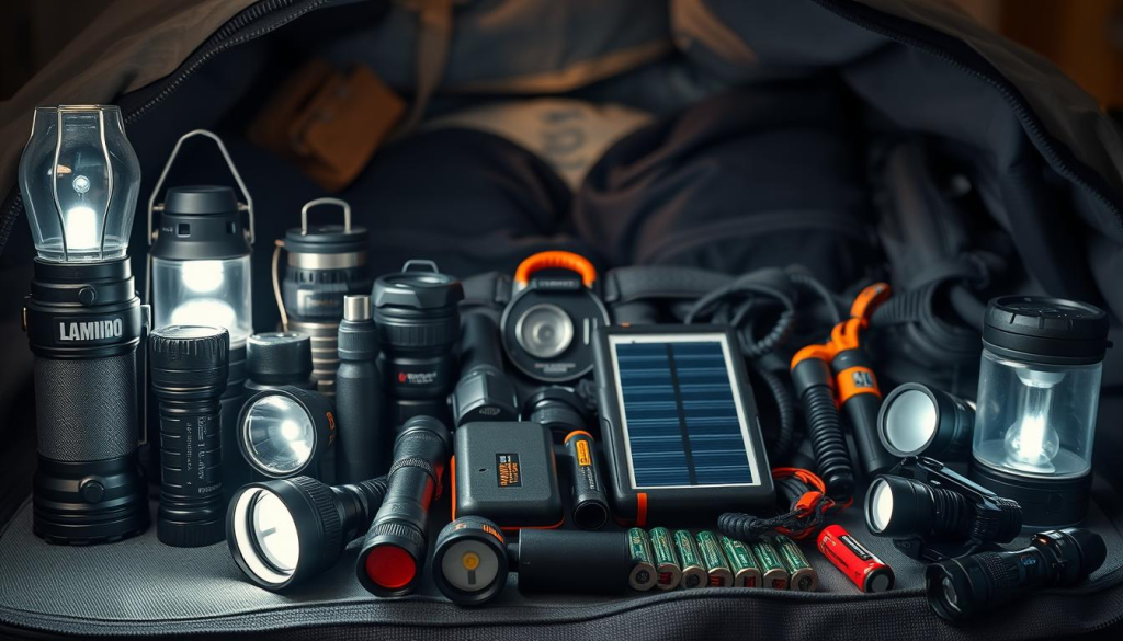 A well-organized bug out bag filled with essential lighting and power supplies, captured in a detailed still life photograph. In the foreground, a collection of high-powered flashlights, headlamps, and lanterns arranged neatly. In the middle ground, a portable power bank, solar charger, and spare batteries. In the background, a cozy, dimly lit environment, hinting at the need for emergency preparedness. The lighting is soft and evenly distributed, highlighting the functional but visually appealing nature of the gear. The overall mood is one of utility and calm readiness, conveying the importance of being prepared for unexpected situations.