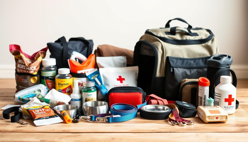 A well-organized bug out bag for pets, neatly arranged on a wooden surface. In the foreground, an array of pet supplies like food, water bowls, leashes, and medication. In the middle ground, a cozy pet carrier and a compact first-aid kit. The background features a neutral, calming atmosphere with natural lighting and a soft, blurred backdrop, conveying a sense of preparedness and organization. The overall composition highlights the essential items needed to ensure the safety and comfort of beloved pets during an emergency evacuation.