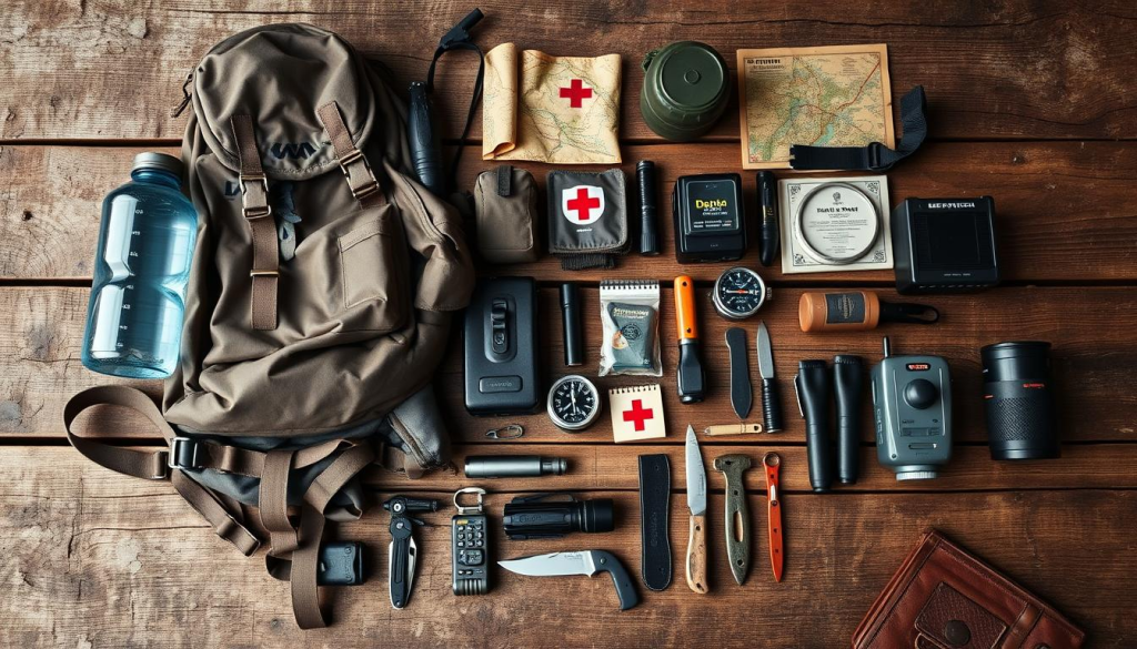 A well-organized bug out bag laid out on a rugged wooden surface, showcasing its essential components in a meticulously curated arrangement. The foreground features a sturdy backpack, a water bottle, a multi-tool, and a first-aid kit, all in a muted color palette that conveys a sense of practicality and preparedness. The middle ground showcases a compass, a flashlight, a fire starter, and a survival knife, each item carefully positioned to highlight its function. The background includes a weathered map, a portable radio, and a small camping stove, creating a sense of comprehensive readiness for any unexpected situation. The overall scene is bathed in warm, natural lighting, evoking a feeling of self-reliance and outdoor adventure.