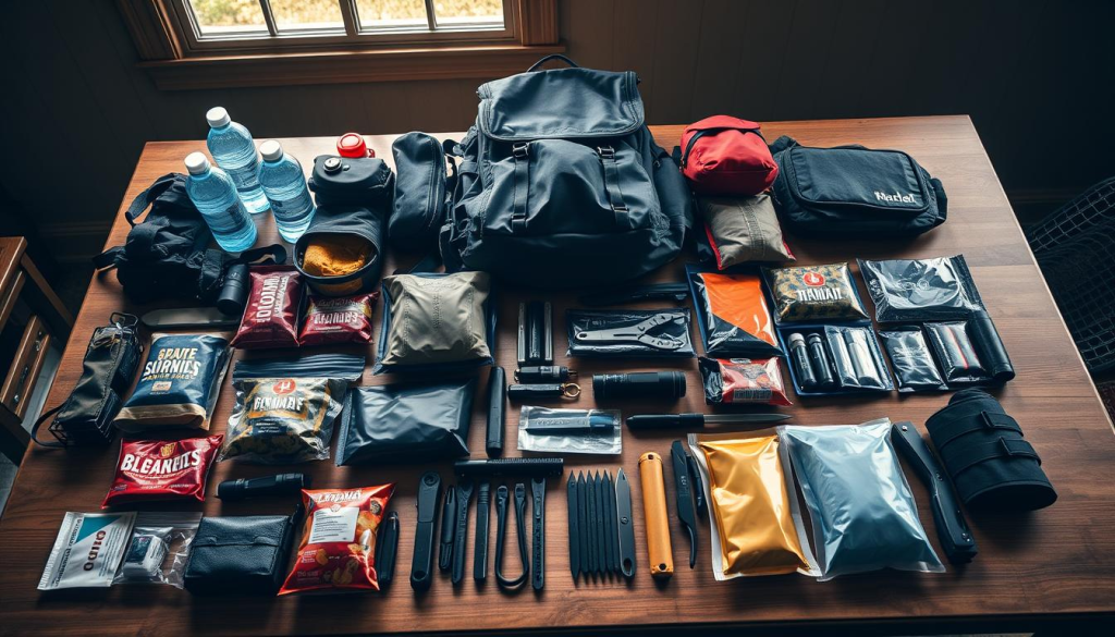 A well-organized bug out bag laid out on a wooden table, illuminated by warm, natural lighting from a nearby window. The contents are neatly arranged, showcasing a variety of essential survival items - from a sturdy backpack, water bottles, and high-calorie snacks to a first-aid kit, tactical flashlight, and multi-tool. The layout emphasizes the thoughtful planning and attention to detail required for an effective bug out bag. The scene conveys a sense of preparedness and a calm, reassuring atmosphere, reflecting the importance of being ready for unexpected emergencies.