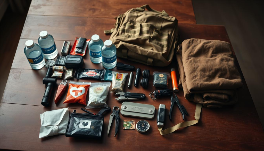 A well-organized bug out bag laid out on a wooden table, with various essential items neatly arranged - water bottles, energy bars, a first-aid kit, a compass, a flashlight, a multi-tool, and a warm blanket. The bag itself is a sturdy, military-style backpack in a neutral color. The lighting is soft and diffused, creating a warm, contemplative atmosphere. The camera angle is slightly elevated, giving a comprehensive view of the bag's contents, conveying the practical benefits and preparedness associated with a well-stocked bug out bag.