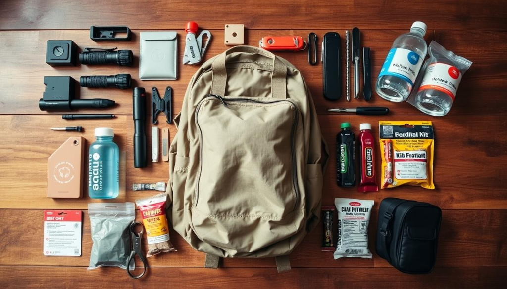 A well-organized bug out bag laid out on a wooden table, with various essential items neatly arranged and labeled. The bag itself is a neutral color, its size and capacity clearly visible. Surrounding the bag are items such as a flashlight, first-aid kit, multi-tool, water bottle, and energy bars, all clearly showcasing the ideal contents for an effective bug out bag. The lighting is soft and natural, creating a calm and reassuring atmosphere. The angle is slightly overhead, providing a comprehensive view of the bag and its contents. The overall composition emphasizes the practical and functional nature of the ideal bug out bag, intended to serve as a visual guide for the "What to Pack Based on Bag Size" section of the article.