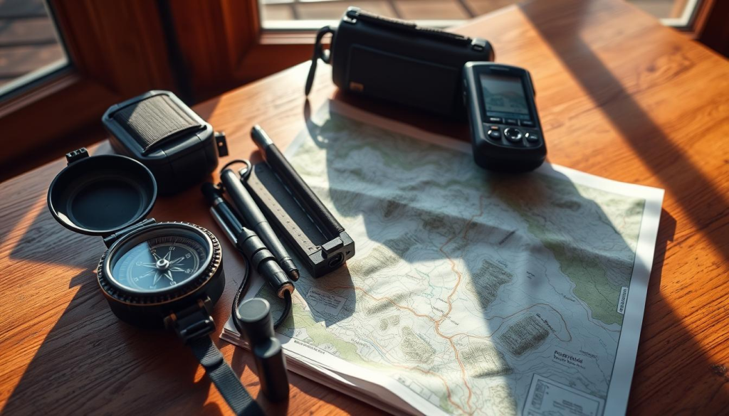 A well-organized bug out bag navigation setup, featuring a high-quality compass, a rugged handheld GPS device, and a detailed topographic map of the surrounding wilderness. Sunlight streams through the window, casting a warm glow on the tools. The items are neatly arranged on a sturdy wooden table, conveying a sense of preparedness and attention to detail. The overall mood is one of calm, purposeful readiness, reflecting the importance of these navigation essentials for a successful bug out scenario.