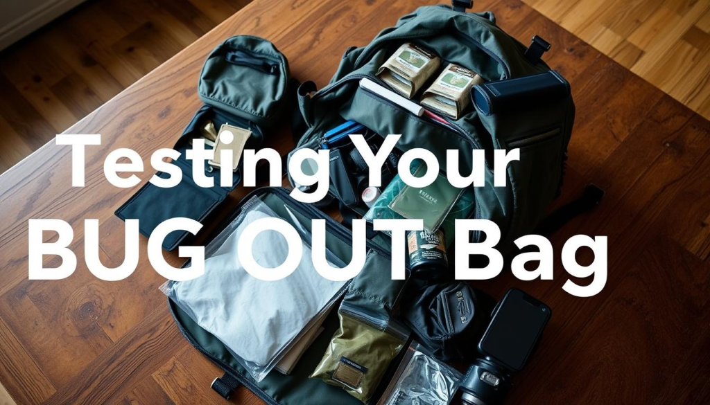 A well-organized bug out bag placed on a wooden table, its contents spilled out and arranged neatly, showcasing the bag's ample capacity. The lighting is soft and diffused, creating a warm, contemplative atmosphere. The camera angle is slightly elevated, allowing the viewer to see the bag and its contents from an overhead perspective. The image conveys a sense of preparedness and attention to detail, reflecting the theme of "Testing Your Bug Out Bag".