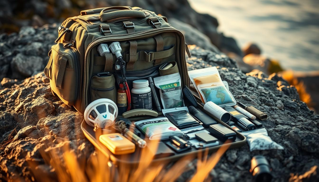 A well-organized bug out bag rests on a rugged surface, its contents meticulously arranged to showcase the ideal weight distribution. The bag's exterior features a tactical design with reinforced straps and pockets, conveying a sense of preparedness. The foreground casts a warm, golden light, highlighting the attention to detail in the bag's construction. In the middle ground, an array of essential survival gear - from a compact water filter to a first-aid kit - is displayed, each item carefully selected to optimize the bag's versatility. The background suggests a natural, serene environment, hinting at the bag's intended use in a wide range of emergency situations.