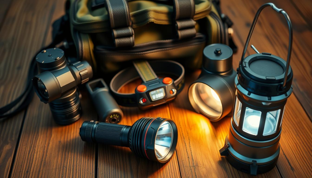 A well-organized bug out bag with a variety of lighting gear, including a durable flashlight, a rechargeable headlamp, and a compact lantern, all arranged on a wooden surface with a textured background. The lighting devices are positioned to showcase their features and functionality, with a warm, inviting atmosphere created by the soft, diffused lighting. The scene conveys a sense of preparedness and self-reliance, emphasizing the importance of having reliable lighting equipment in an emergency situation.