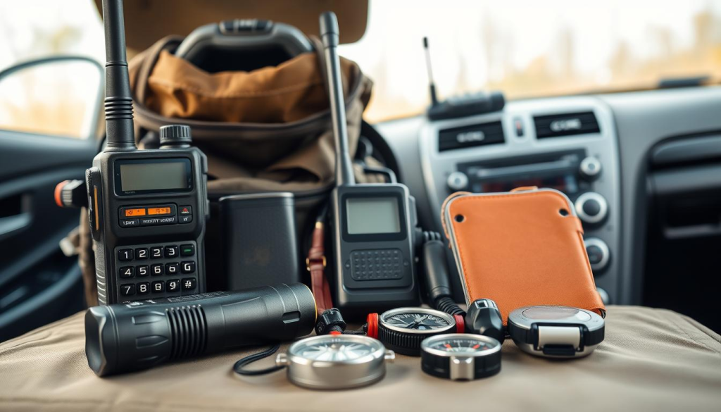 A well-organized bug out bag with essential communication devices for emergency situations. In the foreground, a sturdy handheld radio, a satellite phone, and a portable power bank. In the middle ground, a tactical flashlight, a signaling mirror, and a compass. In the background, a car dashboard with a GPS navigator and a CB radio mounted on the console. The scene is illuminated by a warm, natural light, creating an atmosphere of preparedness and resilience.