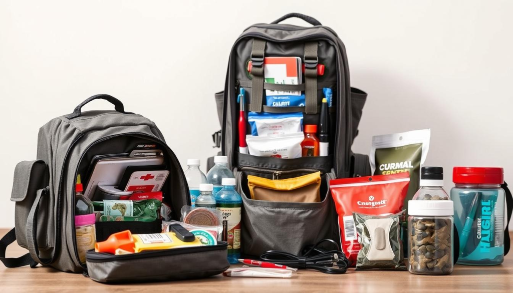 A well-organized bug out bag with its contents displayed in a detailed, high-resolution image. The bag is shown from a slightly elevated angle, allowing a clear view of its capacity and organization. The foreground features the open bag, with various emergency supplies neatly arranged, such as water bottles, non-perishable food, first aid kits, and survival tools. The middle ground showcases the bag's overall size and design, highlighting its sturdy construction and versatile features. The background is a plain, neutral setting, allowing the bag and its contents to be the focal point. The lighting is soft and natural, creating a calm, reassuring atmosphere. The overall composition emphasizes the importance of carefully considering the size and capacity of a bug out bag to ensure it meets the user's needs in an emergency situation.