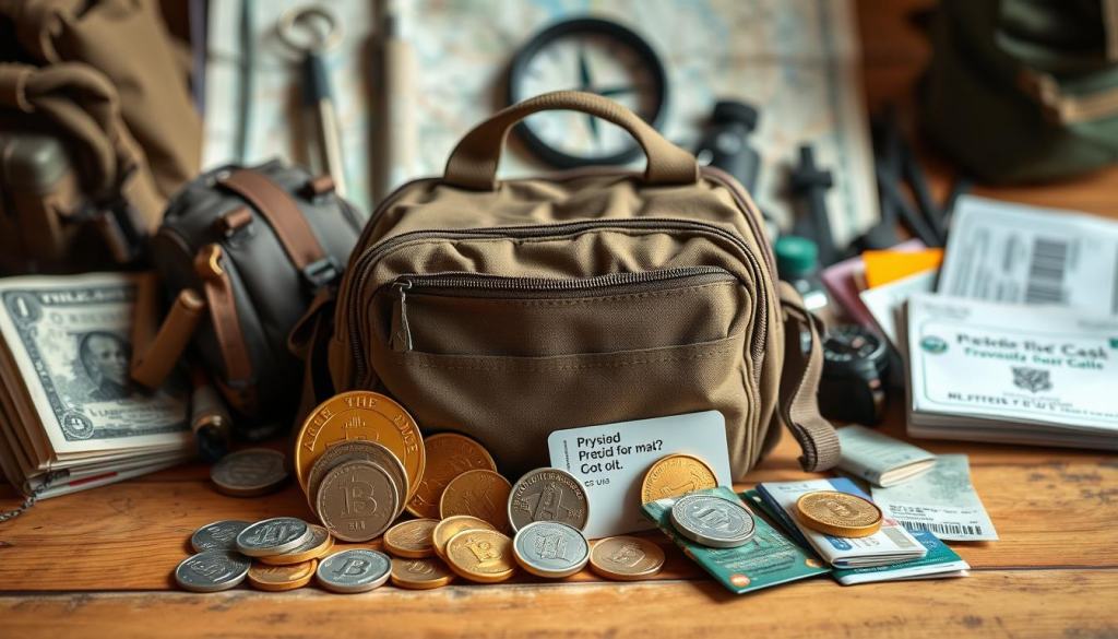 A well-organized bug out bag with various cash alternatives, including physical gold and silver coins, prepaid debit cards, and traveler's checks, arranged on a wooden surface. The bag is positioned in the foreground, with the cash alternatives neatly displayed around it. The middle ground features a map, compass, and other survival gear, indicating the overall preparedness theme. The background is softly blurred, creating a sense of focus on the main elements. The lighting is warm and natural, casting subtle shadows and highlights to add depth and texture to the scene.