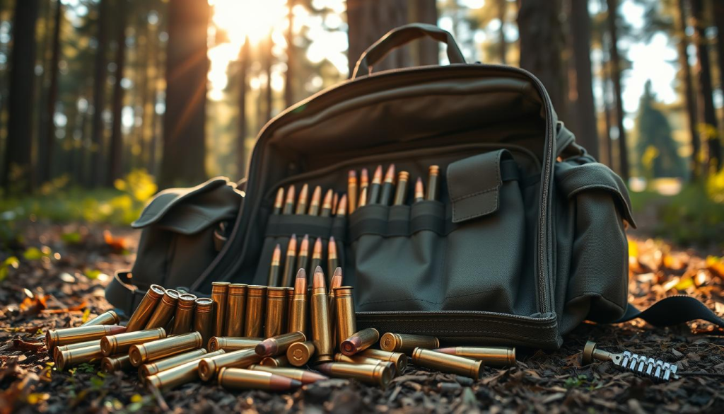 A well-organized cache of essential ammunition nestled in a rugged bug out bag, illuminated by warm sunlight filtering through a forest canopy. The foreground features an assortment of high-quality rifle and pistol cartridges neatly arranged, their metallic casings gleaming. In the middle ground, a sleek, tactical bag in muted tones sits open, revealing carefully compartmentalized pockets and pouches designed to hold a variety of ammunition types. The background depicts a serene woodland scene, with towering trees and lush vegetation, conveying a sense of preparedness in a natural setting.