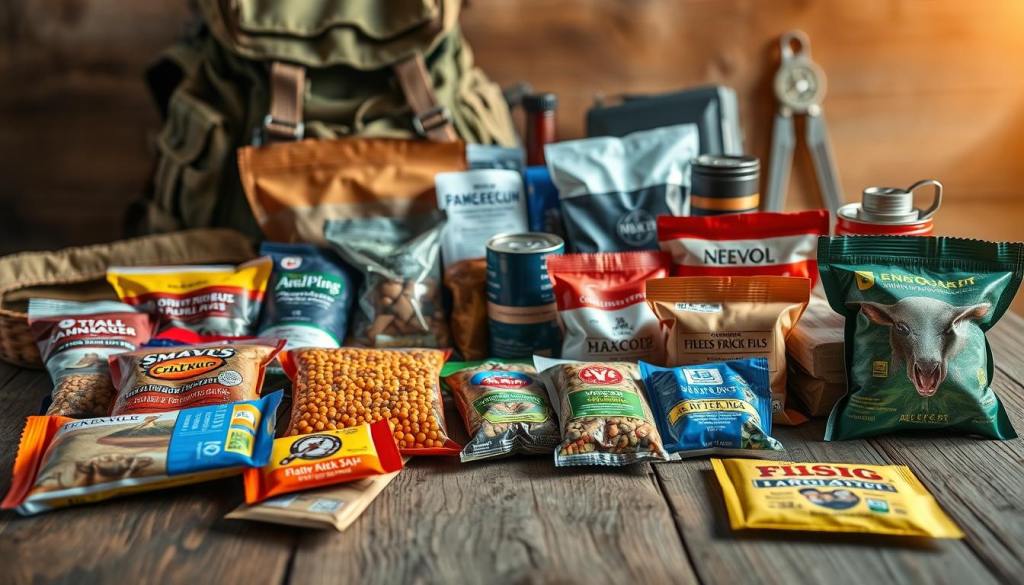 A well-organized collection of essential bug-out bag food supplies, neatly arranged on a rustic wooden table. In the foreground, various freeze-dried meals, energy bars, and trail mix packets in vibrant colors. In the middle ground, water purification tablets, a camping stove, and utensils. In the background, a rugged backpack and a compass, conveying the sense of preparedness and adventure. The lighting is soft and natural, casting a warm glow over the scene, evoking a feeling of self-reliance and survival. Captured with a wide-angle lens to showcase the comprehensive nature of the bug-out bag's food provisions.