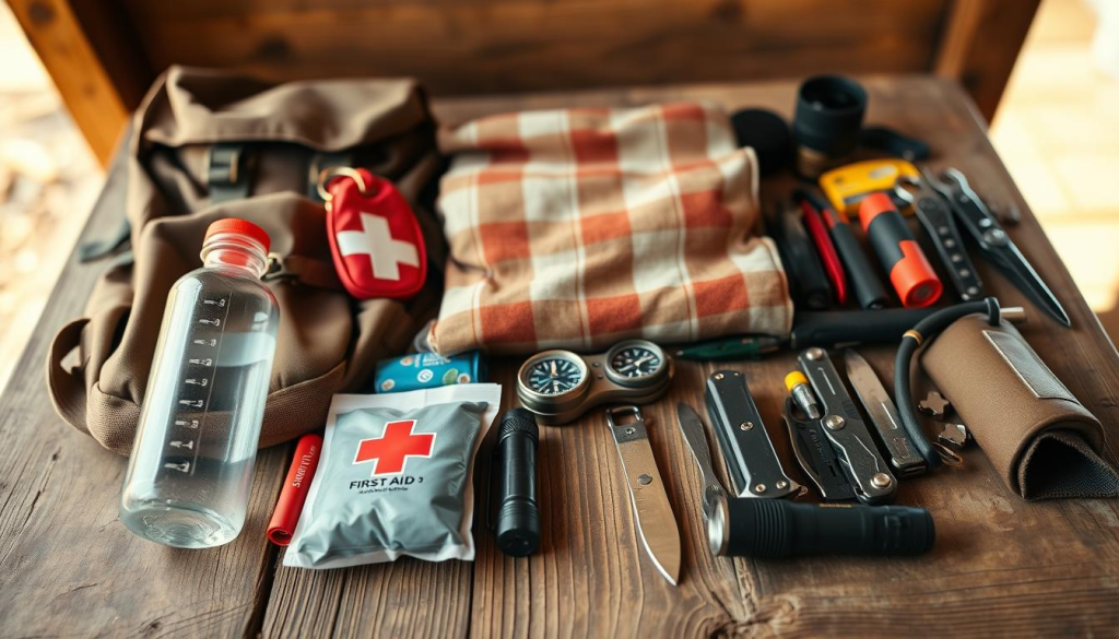 A well-organized collection of essential bug out bag items laid out on a rustic wooden surface. In the foreground, a sturdy backpack, a water bottle, and a first aid kit. In the middle ground, a compass, a survival knife, and a flashlight. In the background, a thermal blanket, a fire starter, and a multi-tool. The scene is lit by warm, natural lighting, creating a sense of preparedness and adventure. The overall mood is one of practicality and self-reliance, reflecting the importance of being ready for unexpected emergencies.