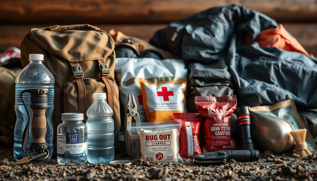 A well-organized collection of essential bug out bag supplies, bathed in warm, natural lighting and captured at a medium angle. In the foreground, a sturdy backpack, water bottles, and high-protein snacks stand ready. The middle ground features a compass, first-aid kit, and a rugged multi-tool. In the background, a sleeping bag, waterproof matches, and a flashlight complete the survival-ready arrangement. The overall mood conveys a sense of preparedness and self-reliance, suitable for an article on building the ultimate bug out bag.