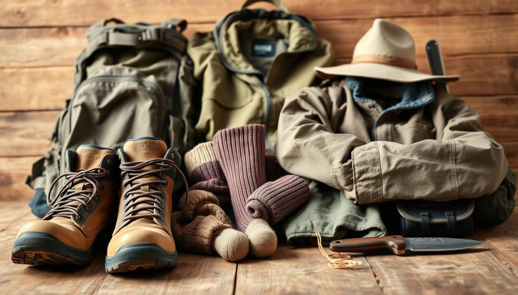 A well-organized collection of essential clothing items for a bug out bag, artfully arranged on a wooden surface. In the foreground, a sturdy pair of hiking boots, practical cargo pants, and a rugged long-sleeved shirt. In the middle ground, a lightweight, weather-resistant jacket, a pair of thermal socks, and a wide-brimmed hat. In the background, a tactical backpack, a compass, and a survival knife, hinting at the larger context of emergency preparedness. The lighting is natural and diffused, creating a warm, earthy tone that evokes a sense of readiness and self-reliance. The overall composition conveys a sense of thoughtful curation and functional minimalism, perfectly suited for the "Clothing and Personal Items" section of the "Build the Perfect Bug Out Bag" article.