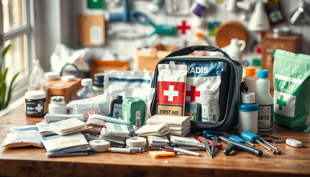 A well-organized collection of essential first aid supplies arranged on a wooden surface, illuminated by soft natural lighting filtering through a nearby window. The foreground features an open first aid kit displaying a diverse assortment of bandages, gauze, antiseptic wipes, and other medical necessities. In the middle ground, medical tools such as scissors, tweezers, and a thermometer are neatly organized. The background showcases a subtly blurred backdrop of complementary healthcare-themed items, creating a cohesive and soothing atmosphere. The overall composition conveys a sense of preparedness and attention to detail, suitable for illustrating the "First Aid and Health Supplies" section of the "Ultimate Bug Out Bag Checklist" article.
