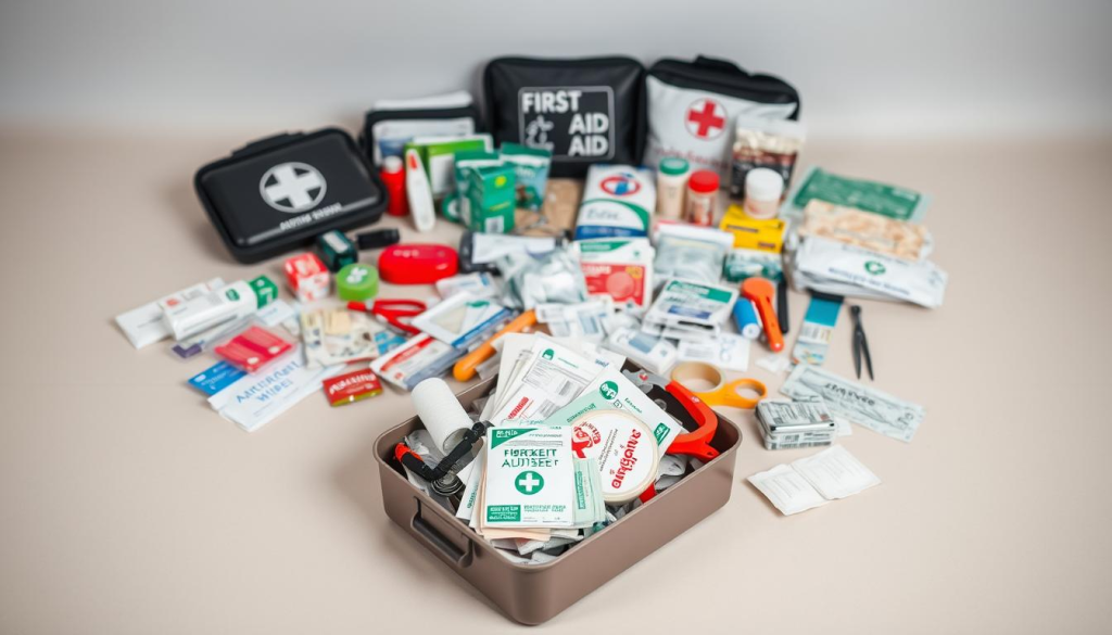 A well-organized collection of essential first aid supplies, neatly arranged on a clean, neutral-toned surface. In the foreground, a sturdy plastic or metal first aid kit case, its contents spilling out to reveal a variety of medical items - bandages, gauze pads, antiseptic wipes, medical tape, scissors, and other necessary tools. In the middle ground, additional first aid essentials such as thermometers, pain relievers, and emergency blankets. The background is softly lit, creating a calming, professional atmosphere suitable for a medical or healthcare setting. The overall composition conveys a sense of preparedness and attention to detail, perfect for illustrating a guide on essential first aid supplies for beginners.