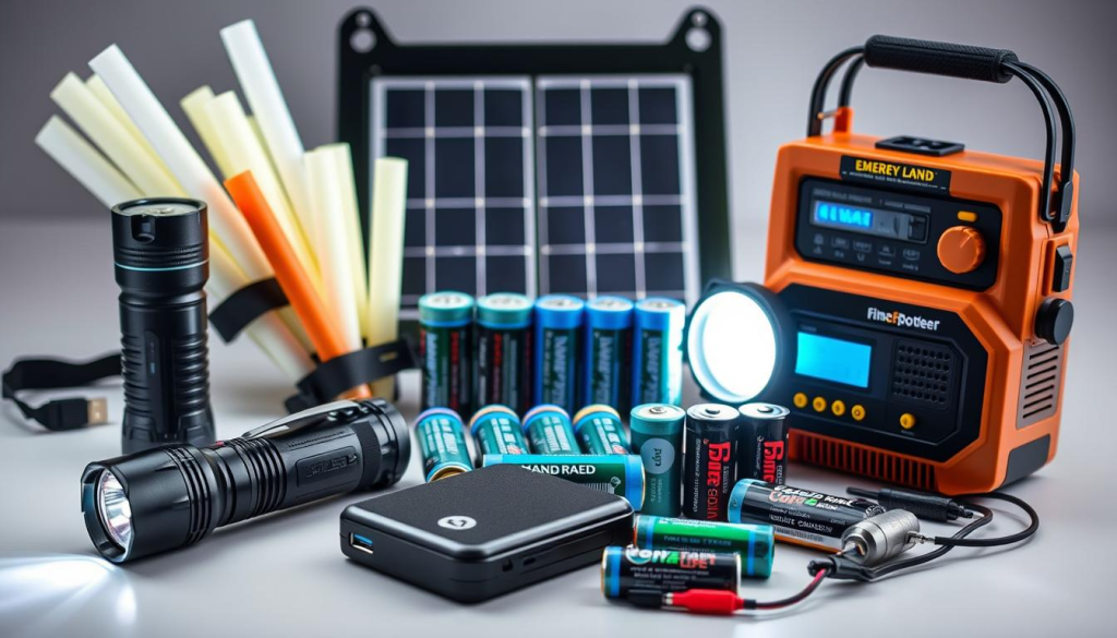 A well-organized collection of essential lighting and power sources for a bug out bag, arranged in a visually appealing still life composition. In the foreground, a high-powered LED flashlight, a multi-tool with a built-in LED, and a compact USB power bank are neatly displayed. In the middle ground, a set of glow sticks and a set of backup batteries in various sizes. In the background, a portable solar panel and a hand-cranked emergency radio with a built-in flashlight and USB charging port. The lighting is soft and even, highlighting the functional yet stylish design of the items. The overall atmosphere conveys a sense of preparedness and practicality.