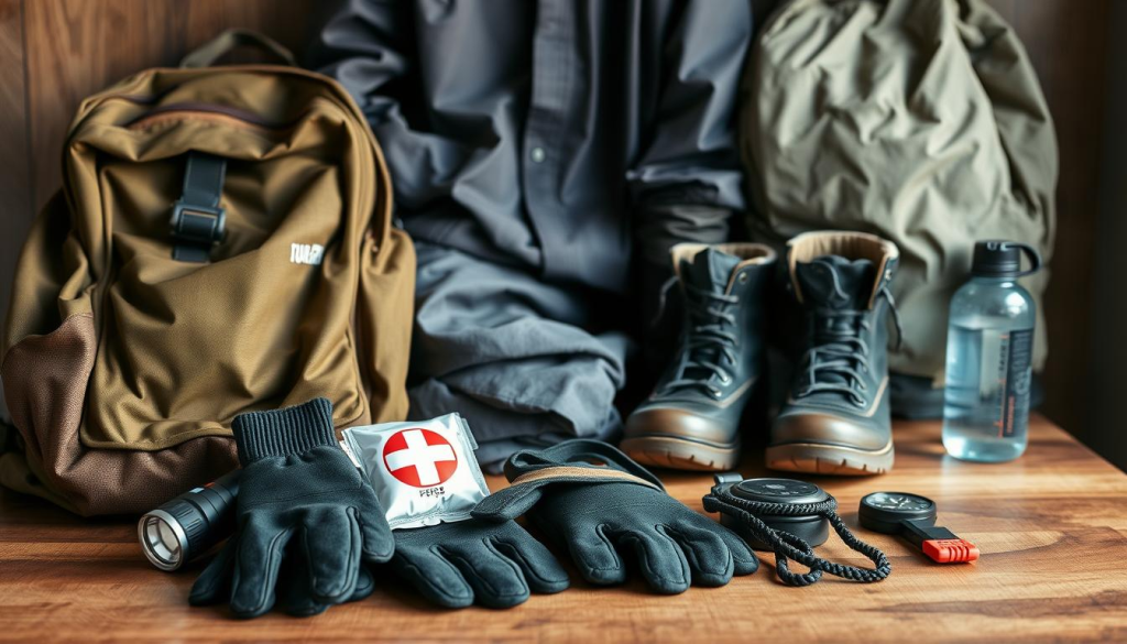 A well-organized collection of essential personal items for a bug out bag, neatly displayed on a wooden surface. In the foreground, a practical backpack, gloves, headlamp, and compact first aid kit. In the middle ground, a change of comfortable outdoor clothing including durable pants, long-sleeved shirt, and sturdy boots. In the background, a lightweight rain jacket, compass, and water bottle, creating a sense of preparedness and self-reliance. The scene is illuminated by soft, natural lighting, conveying a sense of practicality and functionality.