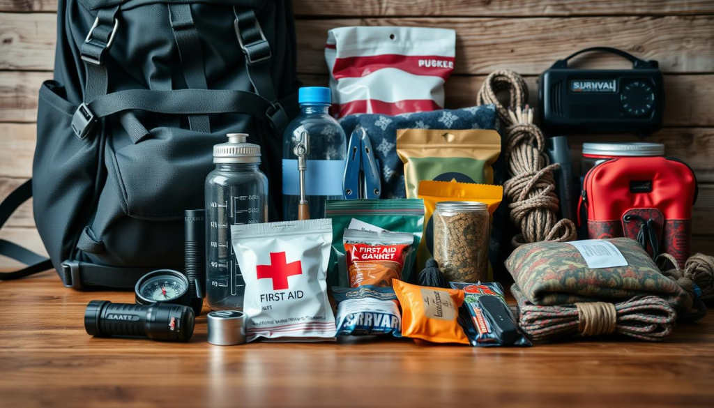 A well-organized collection of essential survival gear and emergency supplies, neatly arranged on a wooden surface. In the foreground, a sturdy backpack, compass, flashlight, and first aid kit. The middle ground features a water bottle, energy bars, multi-tool, and a survival blanket. In the background, a coil of paracord, matches, and a portable radio. The lighting is soft and natural, accentuating the textures and colors of the items. The overall atmosphere conveys a sense of preparedness and practicality, reflecting the need to be ready for any unexpected situation.
