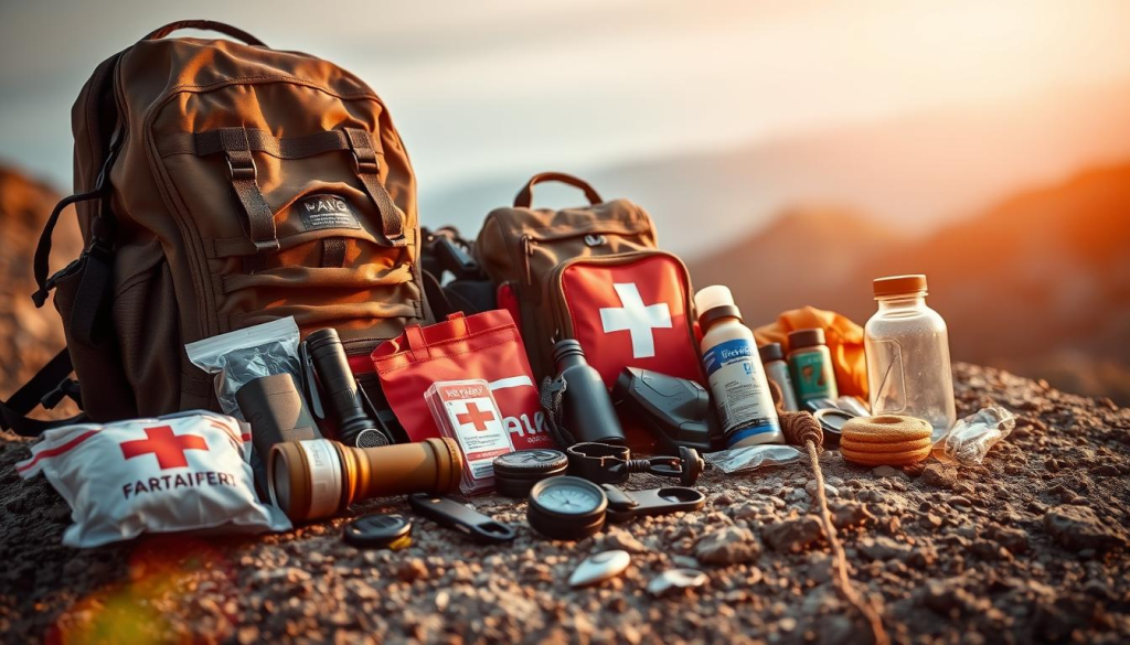 A well-organized collection of essential survival gear arranged on a rugged, textured surface, bathed in warm, directional lighting. A robust backpack, flashlight, compass, first-aid kit, water bottle, and other key items are neatly displayed, conveying a sense of preparedness and utility. The composition is balanced, with a clear focus on the foreground, and a subtly blurred background that suggests a rustic, outdoor setting. The overall mood is one of purposeful functionality, evoking the practical necessities for weathering unexpected challenges.