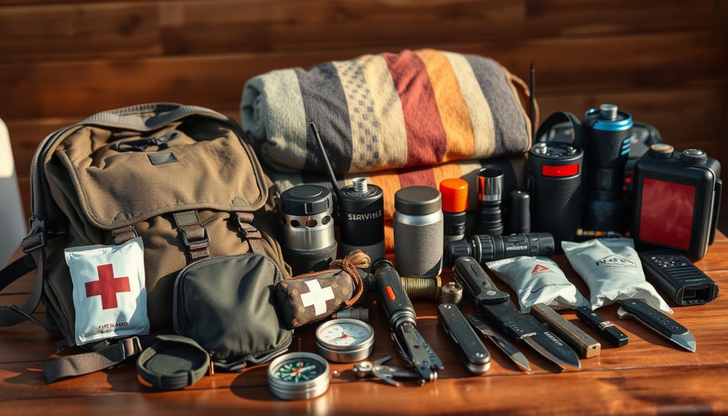 A well-organized collection of essential survival gear for a bug out bag, arranged on a wooden table. In the foreground, a sturdy backpack, a compass, a first-aid kit, and a multi-tool. In the middle ground, a water filter, a fire starter, and a survival knife. In the background, a thermal blanket, a flashlight, and a portable radio. Warm, natural lighting illuminates the scene, creating a sense of preparedness and resilience.