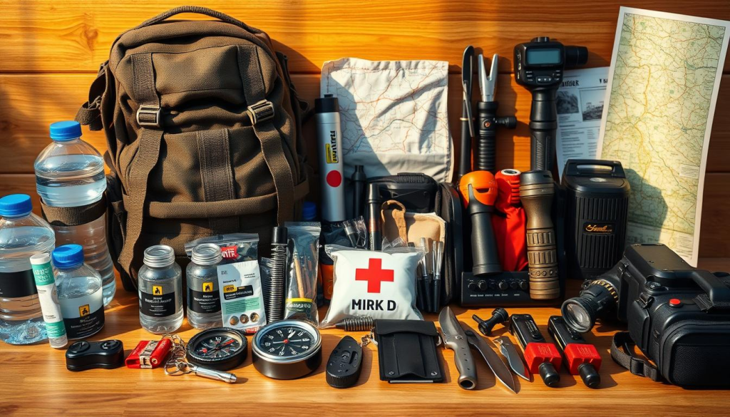 A well-organized collection of essential survival gear for a bug out bag, meticulously arranged on a wooden surface. In the foreground, a sturdy tactical backpack, water bottles, a compass, and a multi-tool. In the middle ground, a first aid kit, a fire starter, and a survival knife. In the background, a high-powered flashlight, a portable radio, and a map. The scene is illuminated by warm, natural lighting, casting soft shadows and highlighting the rugged, utilitarian nature of the items. The overall mood is one of preparedness and self-reliance, with a sense of calm and determination.