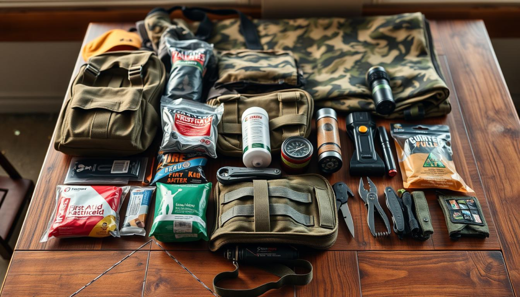 A well-organized collection of essential survival gear lies neatly arranged on a sturdy wooden table, illuminated by warm, natural lighting. In the foreground, a tactical backpack, first-aid kit, and water purifier stand out. In the middle ground, a compass, fire starter, and multi-tool are precisely placed. The background features a camouflage-patterned blanket, a flashlight, and a compass-inspired map, creating a cohesive and practical display of bug-out bag essentials.