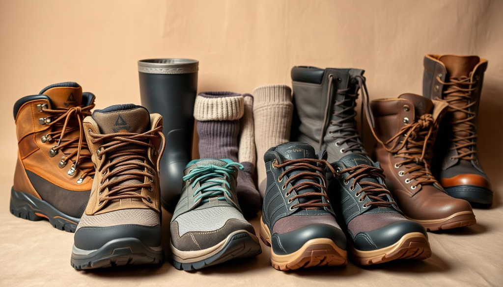 A well-organized collection of practical footwear essentials for a bug out bag, arranged against a neutral backdrop. In the foreground, sturdy hiking boots with rubber soles and ankle support, next to a pair of lightweight, breathable running shoes. In the middle ground, a set of waterproof rain boots and thick wool socks. In the background, a tactical pair of combat boots with reinforced toes. Soft, warm lighting illuminates the scene, highlighting the textures and materials of the various footwear options. The overall mood conveys preparedness, durability, and functionality - the perfect footwear choices for any emergency situation.