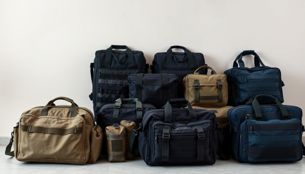 A well-organized collection of women's tactical go bags arranged on a neutral background. The bags feature durable fabrics, reinforced handles, and tactical webbing for secure attachment of gear. The bags are in shades of black, olive drab, and navy, complementing their practical and functional design. The lighting is soft and diffused, creating gentle shadows that accentuate the textures and contours of the bags. The camera angle is slightly elevated, providing a comprehensive view of the lineup of bags, allowing the viewer to appreciate their versatility and thoughtful organization. An atmosphere of preparedness and reliability pervades the scene, reflecting the importance of having a reliable bug-out bag for women in times of emergency.