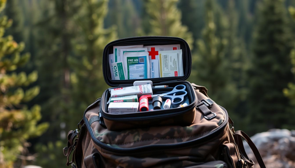 A well-organized, compact first aid kit sits on a rugged, camouflage-patterned backpack, against a backdrop of lush, evergreen forest. The kit features a sturdy, water-resistant case with clearly labeled compartments, housing an assortment of essential medical supplies - bandages, antiseptic wipes, gauze pads, scissors, tweezers, and medication. Soft, natural lighting illuminates the scene, conveying a sense of preparedness and self-reliance in an outdoor survival scenario. The overall composition suggests the importance of this critical piece of gear for a bug-out bag, ensuring the wearer's ability to respond to medical emergencies in an off-grid, wilderness environment.