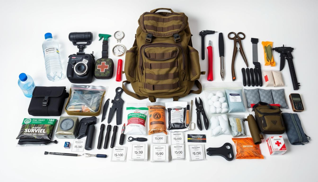 A well-organized display of essential bug out bag items, meticulously arranged against a clean white backdrop. Soft, even lighting highlights the practical details - sturdy backpack, water bottles, first aid kit, survival tools, and emergency supplies. The mid-ground showcases the varied costs of each component, conveying the financial considerations of assembling a comprehensive bug out bag. The background subtly suggests the importance of preparedness, with a faint grid or chart hinting at the methodical planning required. An informative, yet visually appealing tableau that captures the subject's practical and financial aspects.