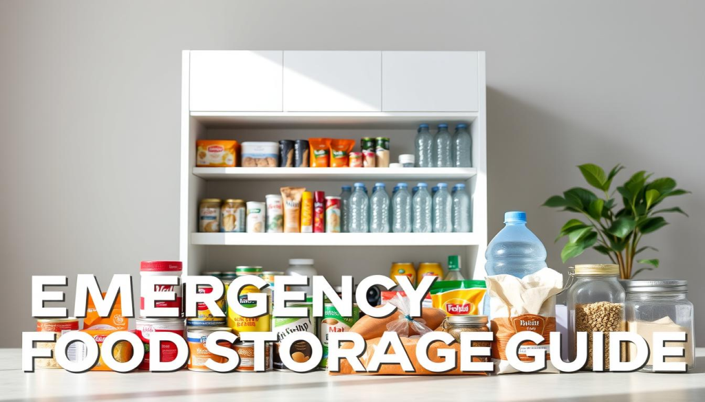 A well-organized emergency food storage guide with a clean, minimalist design. The foreground features various non-perishable food items neatly arranged, such as canned goods, dried foods, and water bottles. The middle ground showcases a sleek shelving unit or storage cabinet to hold the supplies. The background has a neutral, slightly muted color palette to emphasize the practical nature of the guide. Bright, natural lighting illuminates the scene, creating a sense of organization and preparedness. The overall mood is one of efficiency and practicality, encouraging the viewer to plan for potential emergencies.