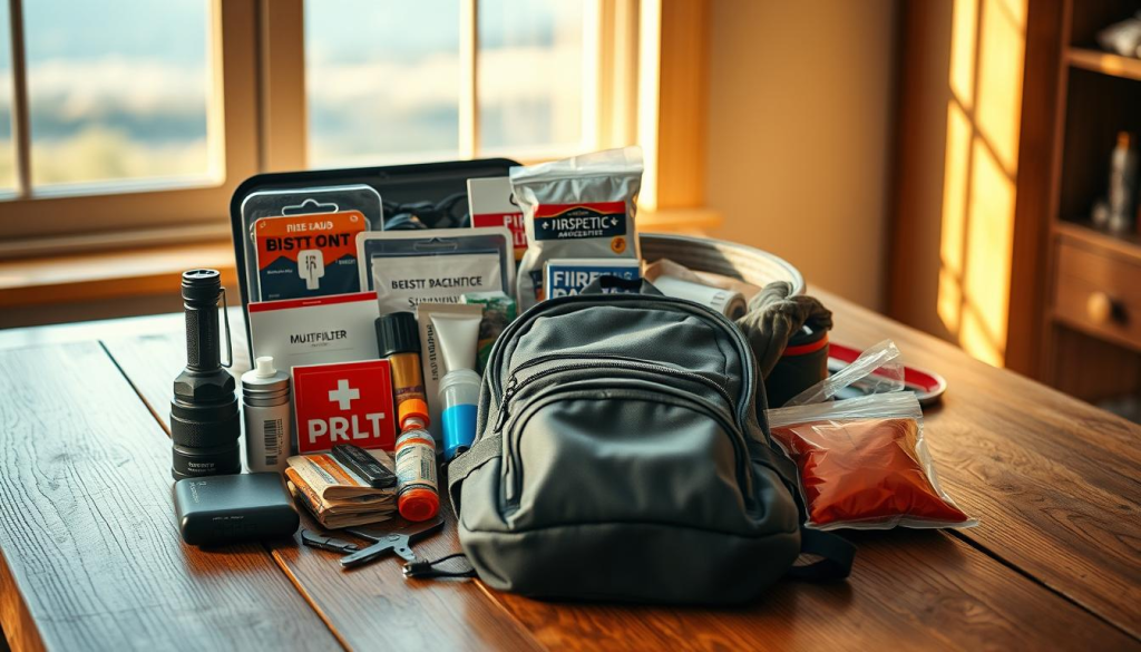 A well-organized emergency supplies kit rests on a sturdy wooden table, illuminated by warm, natural lighting that filters through a nearby window. The kit contains a diverse array of essential items, including a high-quality flashlight, a first-aid kit with bandages and antiseptic, a compact water filter, a multi-tool, a survival blanket, and a fire-starting kit. The middle ground showcases a compact, durable backpack, ready to be filled with these necessary supplies. In the background, a subtle, calming landscape can be seen, hinting at the importance of this kit in the face of unexpected emergencies or natural disasters. The overall scene conveys a sense of preparedness, resilience, and the peace of mind that comes with being ready for the unexpected.