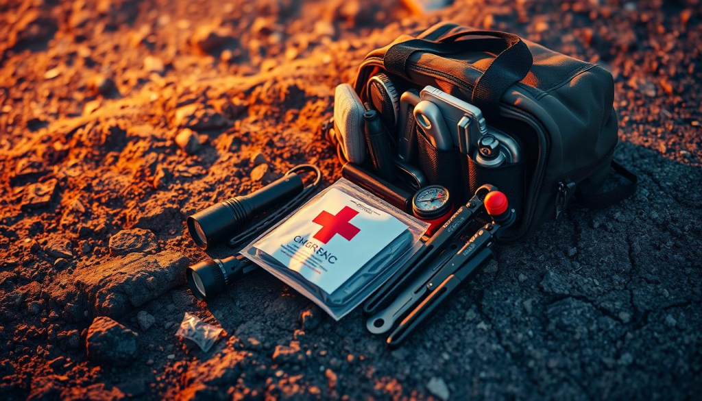 A well-organized emergency survival bag resting on a rugged, textured surface, illuminated by warm, soft lighting that creates a sense of preparedness and security. The bag features a range of practical items, including a sturdy flashlight, a compass, a first-aid kit, and various survival tools, all neatly arranged and easily accessible. The composition emphasizes the bag's functionality and attention to detail, conveying a feeling of readiness for unexpected situations. The scene is captured from a slightly elevated angle, allowing the viewer to appreciate the bag's contents and the overall preparedness it represents.