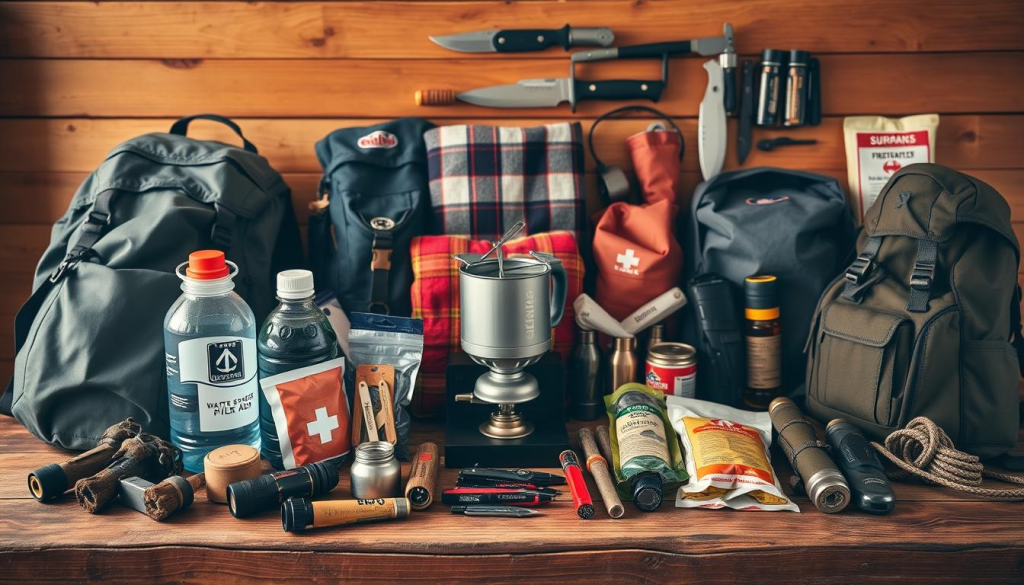 A well-organized family survival gear display arranged on a wooden table, capturing the essential items needed for a group of 5. In the foreground, rugged backpacks, water bottles, first-aid kits, and multi-tools. In the middle, a camping stove, survival blankets, fire starters, and a compass. In the background, a sturdy knife, rope, flashlights, and emergency rations. The lighting is warm and natural, showcasing the utility and durability of the equipment. A sense of preparedness and self-reliance pervades the scene, reflecting the importance of being ready for any unexpected challenges.