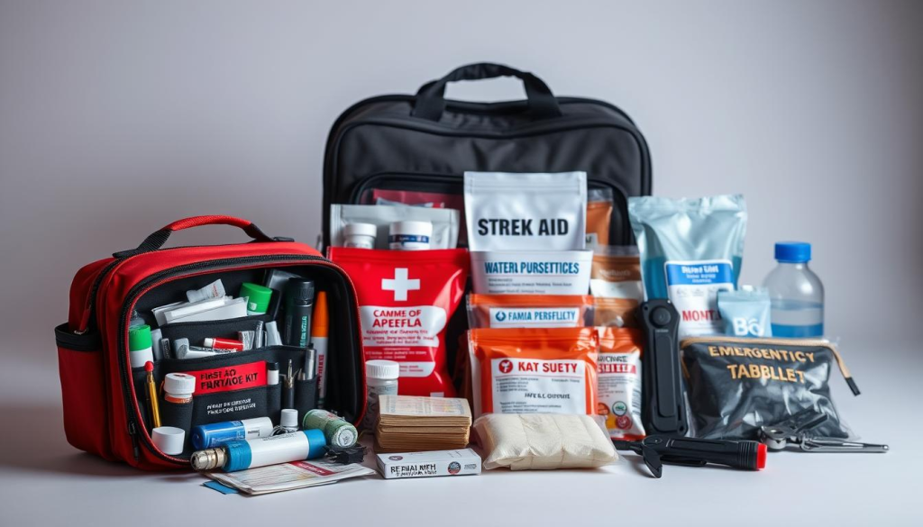 A well-organized family survival kit for six, captured in a clean, well-lit studio setting. In the foreground, a sturdy first aid kit with an array of medical supplies - bandages, antiseptics, medications, and tools. In the middle ground, a collection of survival essentials - water purification tablets, emergency blankets, flashlights, and a multi-tool. The background features a subtle gradient, allowing the essential items to take center stage. The overall mood is one of preparedness and practicality, conveying the importance of being ready for any unexpected situation.