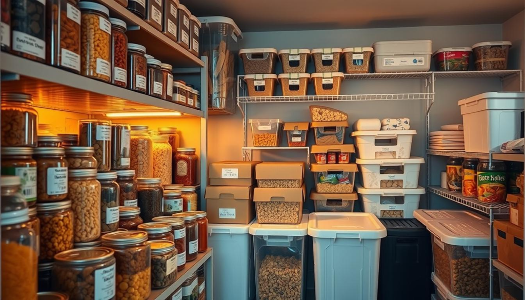 A well-organized food storage area with clear labeling, airtight containers, and a variety of preserved goods. Warm lighting illuminates the shelves, casting soft shadows and highlighting the textures of the storage materials. In the foreground, a variety of canned goods, dried foods, and sealed jars stand ready for future use. The middle ground features neatly stacked boxes and bins, organized by expiration date or food type. The background showcases a clean, organized pantry space with additional storage solutions, such as hanging racks or wall-mounted shelves. The overall scene conveys a sense of preparedness, efficiency, and attention to detail for long-term food security.