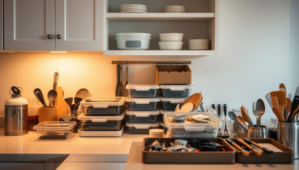 A well-organized kitchen counter with various storage containers, trays, and organizers neatly arranged. Warm, soft lighting illuminates the scene, creating a cozy and inviting atmosphere. The background features clean, minimalist white cabinets and shelves, providing a clean and streamlined backdrop. In the foreground, a variety of kitchen tools and utensils are strategically placed, showcasing efficient storage solutions. The overall scene conveys a sense of order, productivity, and attention to detail, inspiring the viewer to achieve a similarly organized and functional kitchen space.