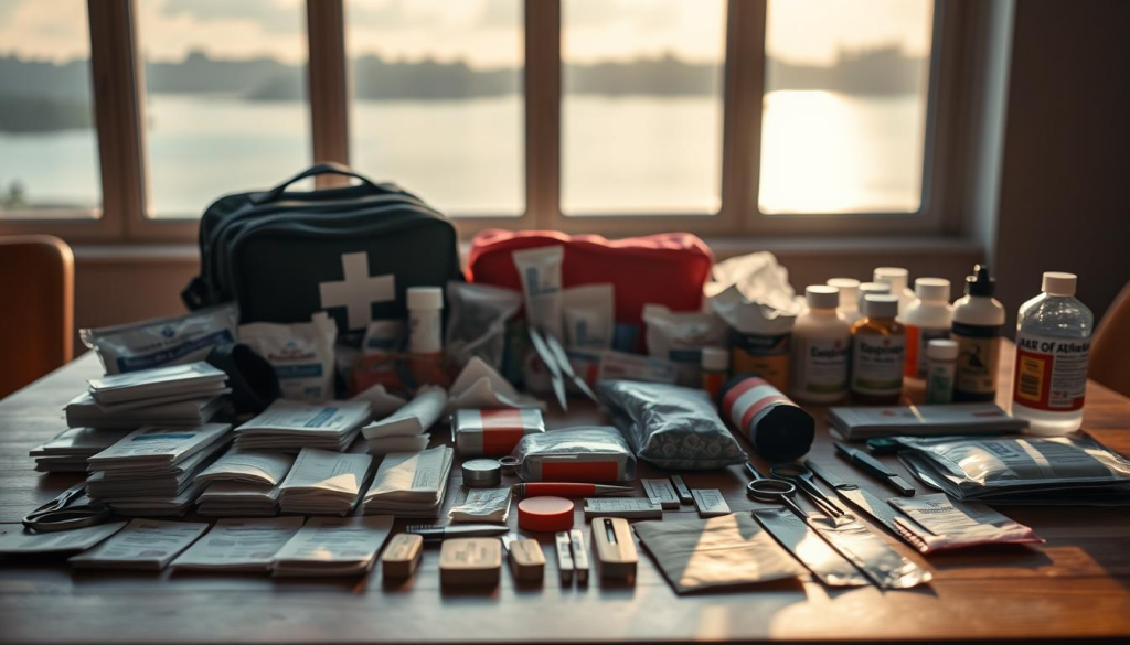 A well-organized medical supply kit on a wooden table, illuminated by soft, natural lighting. In the foreground, a variety of first aid essentials neatly arranged - bandages, gauze, antiseptic wipes, scissors, tweezers. In the middle ground, larger items like a tourniquet, emergency blanket, and medications. The background features a calm, out-of-focus scene, perhaps a window overlooking a serene outdoor setting, conveying a sense of preparedness and tranquility. The overall mood is one of organized efficiency, with a focus on the essential items needed for effective disaster response.