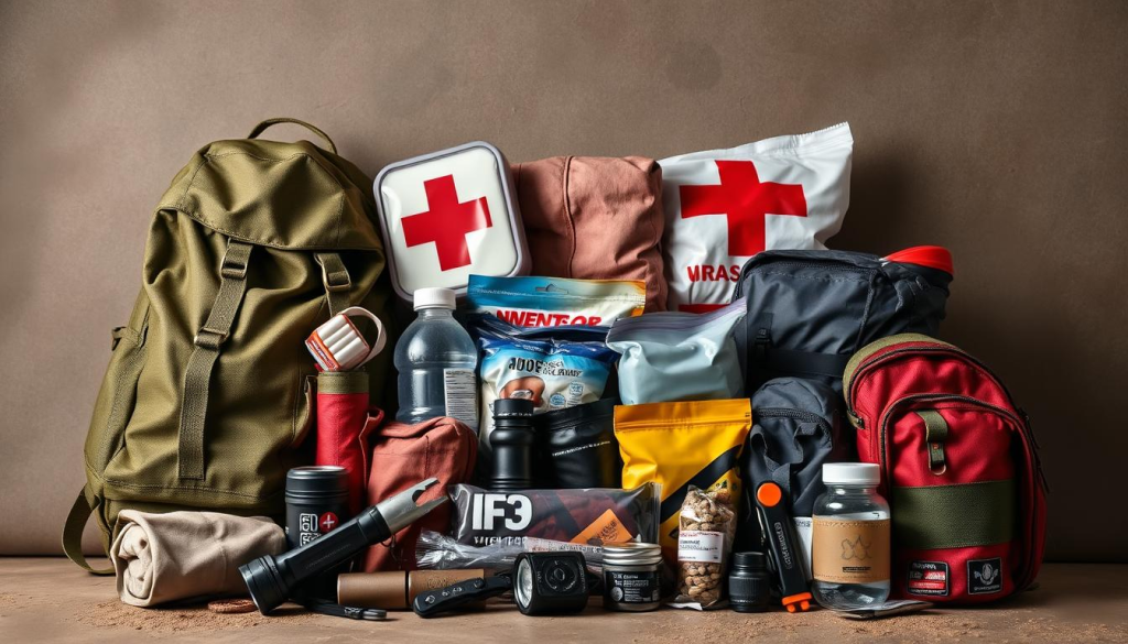 A well-organized, neatly arranged assortment of common survival gear and preparedness items, including a sturdy backpack, first-aid kit, emergency blanket, water bottle, flashlight, multi-tool, and various other essential supplies. The items are depicted against a muted, earthy background, illuminated by soft, natural lighting that accentuates the textures and colors of the materials. The composition conveys a sense of practicality, reliability, and careful consideration of the factors that influence the cost of assembling a comprehensive bug-out bag.
