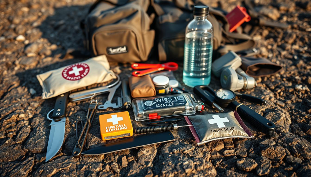 A well-organized outdoor emergency supply kit laid out on a rugged, textured surface. In the foreground, a high-quality survival knife, fire-starting tools, and a compact first-aid kit with medical supplies. In the middle ground, a sturdy water bottle, a multi-tool, and a compass. In the background, a durable backpack, a survival blanket, and other essential gear. The scene is illuminated by soft, natural lighting, casting warm shadows and highlighting the practical, no-frills design of the items. The overall mood conveys a sense of preparedness and self-reliance, ready for any unexpected outdoor challenges.