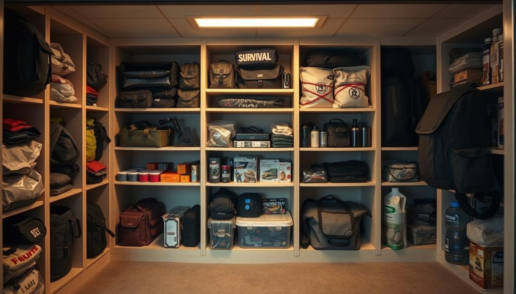A well-organized storage area for a bug out bag, with shelves or cubbies displaying neatly packed survival gear, emergency supplies, and essential items. The lighting is soft and warm, creating a sense of preparedness and organization. The camera angle is slightly elevated, giving a broad view of the setup. The overall mood is one of efficiency and readiness, with a touch of minimalism to emphasize the importance of each item. The background is a neutral, muted tone, allowing the bug out bag contents to be the focal point.
