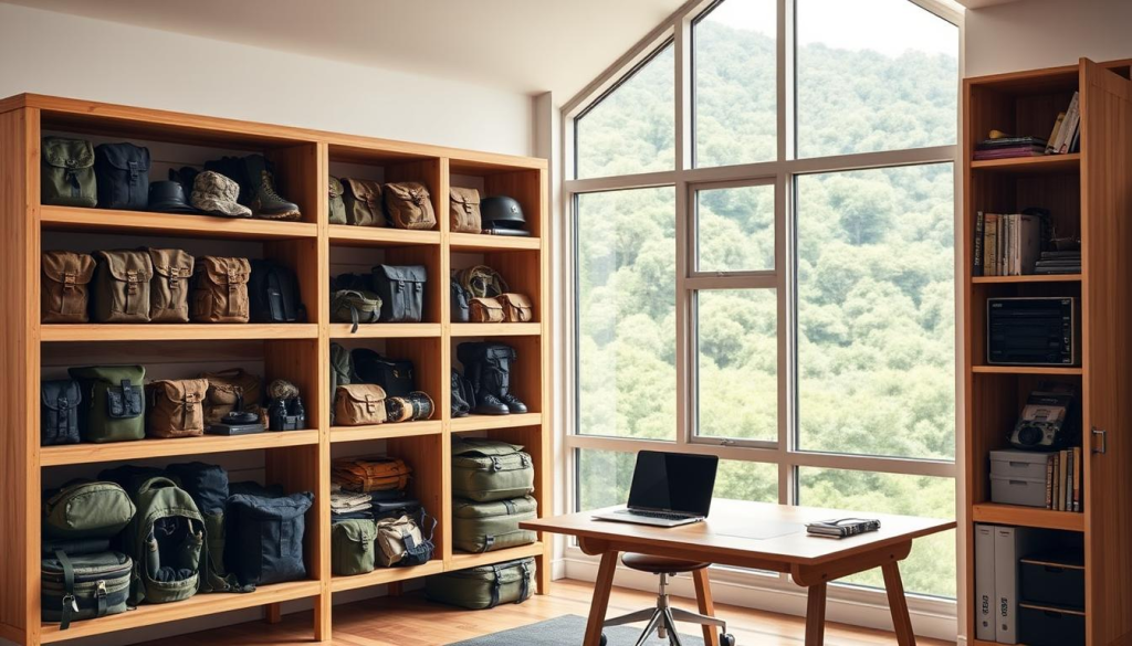 A well-organized storage solution for a bug out bag, showcased in a bright, airy room with natural lighting. A sturdy wooden shelving unit dominates the foreground, its shelves neatly arranged with packs, pouches, and survival gear. Midground features a desk with a laptop and maps, conveying preparedness. The background depicts a large window overlooking a lush, verdant landscape, creating a sense of calm and connection to the outdoors. Warm, neutral tones and clean lines establish an efficient, organized aesthetic. The overall scene conveys a visually appealing, functional space for storing and maintaining a comprehensive bug out bag.